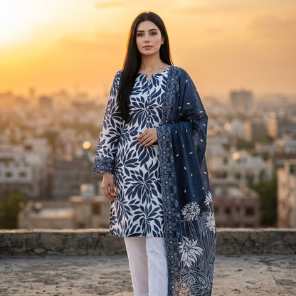 White with Bold Navy Blue Dahlia Leaf Print & Navy Floral Dupatta